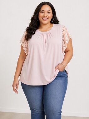 Torrid Blush Pink Lace Sleeve Blouse Plus Size 5X Flutter Sleeve Top Romantic